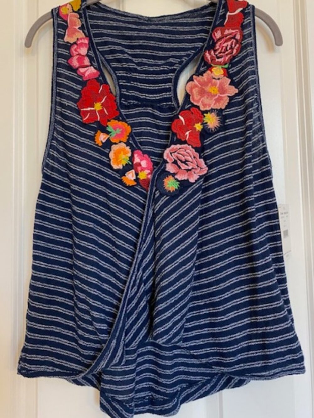 Free People Frida Faux Wrap Top Navy Striped Floral Embroidery Size S